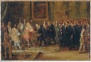 Adam Frans van der Meulen (1632 – 1690), Zusammenkunft der Botschafter der 13 Schweizer Kantone mit Ludwig XIV im Louvre am 11. November 1663; Öl auf Leinwand, Bildmaß 44 x 66 cm, 1664; Bildquelle : Bildagentur für Kunst, Kultur und Geschichte (bpk), Bildnummer 00050607.