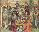 Juden begehen einen Ritualmord an einem christlichen Jungen, kolorierter Holzschnitt, 1493, unbekannter Künstler (Wolgemut-Werkstatt); Bildquelle: Schedel'sche Weltchronik, Nürnberg 1493, Wikimedia Commons, http://commons.wikimedia.org/wiki/File:Ritualmord-Legende.jpg?uselang=de, gemeinfrei.