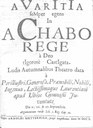 S. 1 der Perioche des Stückes "Avaritia semper egens in Achabo Rege a Deo rigorosa castigata", aufgeführt am Kölner Gymnasium Montanum im September 1710; Bildquelle: Rara-Abteilung der Mainzer Stadtbibliothek, Signatur XIV I:4° /168 a, Nr. 5