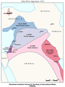 Das Sykes-Picot-Abkommen von 1916, Karte, unbekannter Ersteller; Bildquelle: Palestinian Academic Society for the Study of International Affairs (PASSIA), http://www.passia.org/palestine_facts/MAPS/1916-sykes-picot-agreement.html.