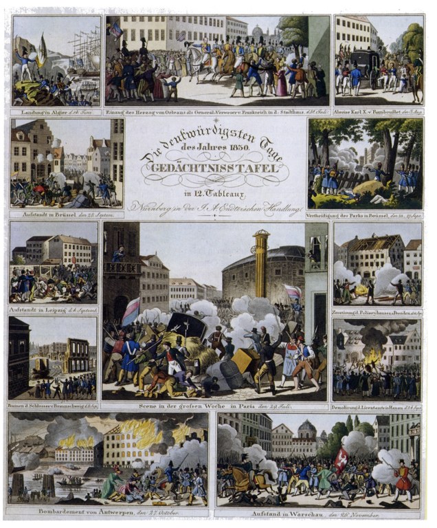 Die denkwürdigsten Tage des Jahres 1830: In 12 Tableaux, Nürnberg: Johann Andreas Endter, kolorierter Kupferstich, 41,7 x 32,5 cm, 1830/1831, unbekannter Künstler; Bildquelle: Mit freundlicher Genehmigung des Archivs und der Bücherei der Deutschen Burschenschaft und der Gesellschaft für burschenschaftliche Geschichtsforschung.