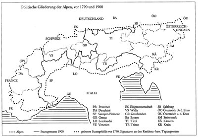 Jon Mathieu, Politische Gliederung des Alpenraums, vor 1790 und 1900, undatierte Grafik, in: Jon Mathieu: Geschichte der Alpen 1500-1900. Umwelt, Entwicklung, Gesellschaft, Wien 1998. Ⓒ Jon Mathieu.