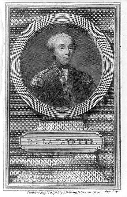 Portrait Gilbert Du Motier, Marquis de Lafayette (1757–1834), Kupferstich, Großbritannien 1785, Angus sculp, Published by J. Fielding, Pater-noster Row, 1785 Augt. 26; Bildquelle: Andrews, John: History of the war with America, France, Spain, and Holland: commencing in 1775 and ending in 1783, London 1785–1786, vol. 2, S. 422, Library of Congress, Prints and Photographs Division, http://www.loc.gov/pictures/item/2003689173/. 