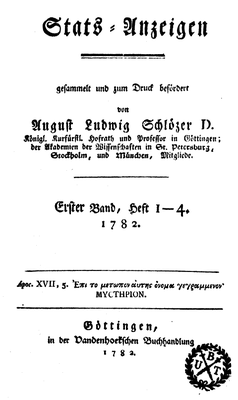 Titelblatt "Stats-Anzeigen", vol. 1, Heft 1–4, 1782 IMG