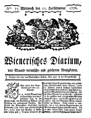 Titelblatt Wienerisches Diarium, Nr. 73 vom 11. September 1776 IMG