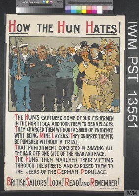 How the Hun Hates, Lithographie, 754 x 511 mm, 1915, Künstler: Wilson, David & W F B, Druckerei: Dangerfield Printing Co. Ltd; Bildquelle: © IWM (Art.IWM PST 13551), http://www.iwm.org.uk/collections/item/object/38221, IWM Non Commercial Licence, http://www.iwm.org.uk/corporate/privacy-copyright/licence.