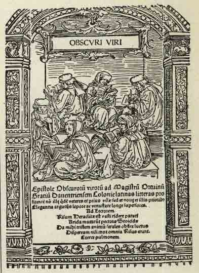 Titelblatt der Dunkelmännerbriefe (Epistolae obscurorum virorum), Teil 2, unbekannter Künstler, 1517; Bildquelle: Westrin, Th. u.a. (Hg.): Nordisk familjebok: Konversationslexikon och Realencyklopedi, Stockholm 1907, vol. 7: Egyptologi-Feinschmecker, S. 716, Digitalisat: Projekt Runeberg, http://runeberg.org/nfbg/0380.html.