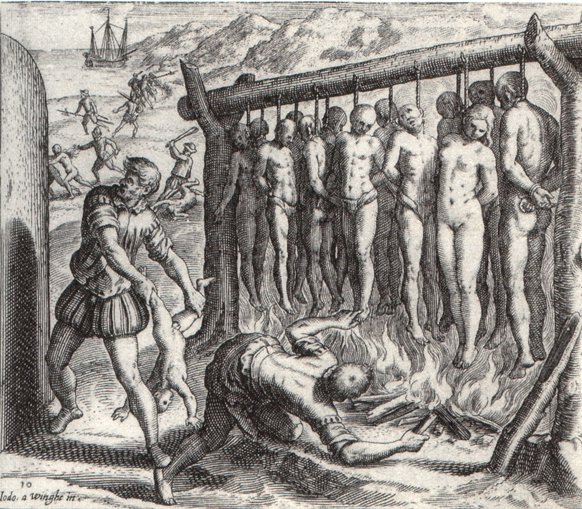 Theodor de Bry (1528-1598), Kupferstich zur ersten lateinischen Ausgabe von Bartolomé de las Casas, Brevísma relacion de la destrucción de las Indias (Narratio regionum Indicarum per Hispanos quosdam devastatarum verissima, Frankfurt 1598); Quelle: Wikimedia Commons, http://commons.wikimedia.org/wiki/File:De_Bry_1c.JPG