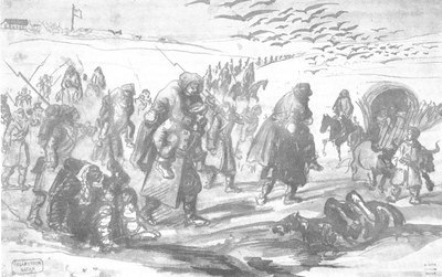 Constantin Guys (1802–1892), Türkische Hilfstruppen tragen die kranken britischen Soldaten nach Balaklava, Aquarell, 1854; Bildquelle: Privatsammlung.