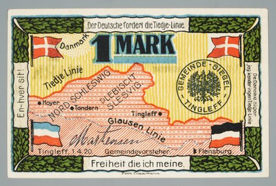 Eine-Mark-Schein mit Clausen- und Tiedje-Linie, Buchdruck, 70 x 109 mm, 1920, Diekmann, Porth; Bildquelle: Schleswig-Holsteinisches Landesmuseum, https://www.kenom.de/objekt/record_DE-68_kenom_155445/2/, Namensnennung 4.0 Deutschland (CC BY 4.0 DE),https://creativecommons.org/licenses/by/4.0/deed.de. 