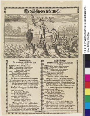 Unbekannter Künstler: "Der Schwede lebet noch", Flugblatt, Radierung, Kupferstich, Typendruck, Einblattdruck, 1633, 14,6 x 24,5 cm (Platte); Bildquelle: Germanisches Nationalmuseum, Nürnberg, Graphische Sammlung, Inventar-Nr. HB 613, Kapsel-Nr. 1314, http://objektkatalog.gnm.de/objekt/HB613.