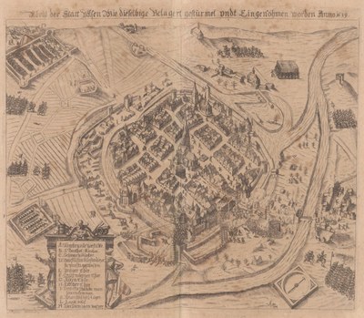 Georg Keller (1568–1634): Abriß der Statt Pilsen. Wie dieselbige Belagert gestürmet undt Eingenohmen worden: Anno 1619, Kupferstich, 31 x 26 cm, 1627, in: Michael Caspar Lundorp, Östreichischer Lorberkrantz Oder Kayserl: Victori.; Bildquelle: Digitalisat Universitäts- und Landesbibliothek Düsseldorf, http://nbn-resolving.de/urn:nbn:de:hbz:061:1-110363. Mit freundlicher Genehmigung.