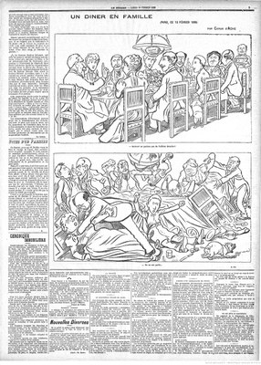 Caran d'Ache, "Un Dinner en Famille", Illustration, in: Figaro: journal non politique, 14. Februar 1898, S. 3; Bildquelle: gallica.bnf.fr / Bibliothèque nationale de France, ark:/12148/bpt6k2842896, http://gallica.bnf.fr/ark:/12148/bpt6k2842896/f3.item, gemeinfrei.