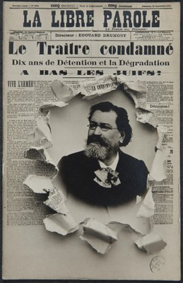 Le Traitre condamné, 1894, Herausgeber: Edouard Drumont, Bildquelle: La Libre Parole, unter Ville de Paris, https://bibliotheques-specialisees.paris.fr/ark:/73873/pf0001071767/0008/v0001.simple.highlight=Keywords:%20%22affaire%20Dreyfus%22.selectedTab=record, gemeinfrei. 