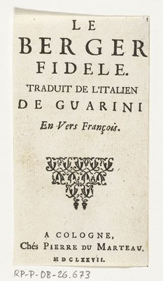 Title page of G.B. Guarini, "Le berger fidele", with the fictitious imprint Cologne