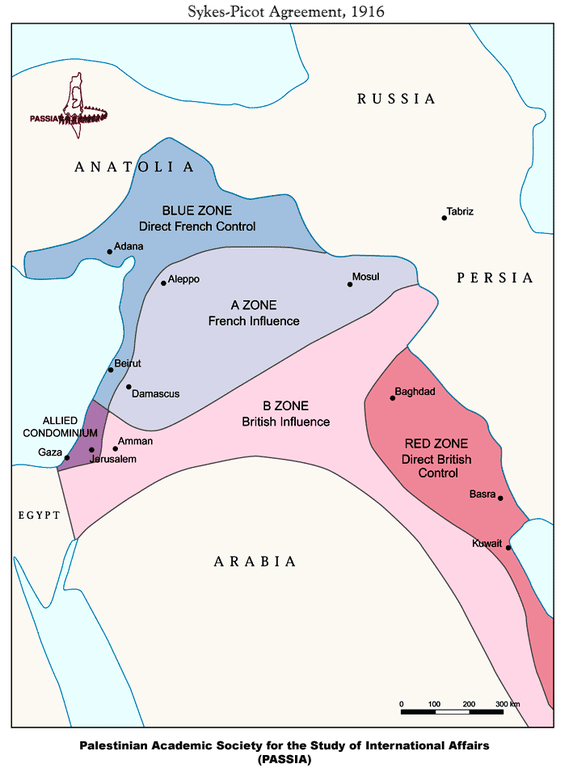 Das Sykes-Picot-Abkommen von 1916, Karte, unbekannter Ersteller; Bildquelle: Palestinian Academic Society for the Study of International Affairs (PASSIA), http://www.passia.org/palestine_facts/MAPS/1916-sykes-picot-agreement.html.
