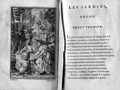 Die Malerei macht der Architektur die Gartenkunst streitig, Radierung von Pierre-François Laurent (1739–1809) nach Charles-Nicolas Cochin (1715–1790); Bildquelle: Delille, Jacques: Les jardins, ou l'art d'embellir les paysages, Paris 1782.