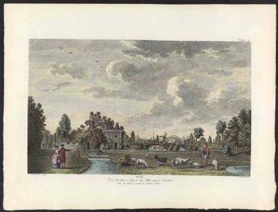 Louis Carrogis gen. Carmontelle (1717–1806), Jardin de Monceau, près de Paris, kolorierte Radierung, Paris, 1779, Tafel II, nach: Reprint Paris o.J.; Bildquelle: Zentralinstitut für Kunstgeschichte, München.