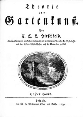 Christian Cay Lorenz Hirschfeld (1742–1795), Theorie der Gartenkunst, Leipzig 1779–1785, Titelblatt des ersten Bandes; Bildquelle: Zentralinstitut für Kunstgeschichte, München.