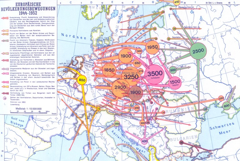 Europäische Bevölkerungsbewegungen 1944–1952, Karte, unbekannter Ersteller; Bildquelle: Engel, Josef / Zeeden, Ernst Walter: Großer Historischer Weltatlas, München 1991, vol. 3: Neuzeit, S. 89 unten. Mit freundlicher Genehmigung der Oldenbourg Schulbuchverlag GmbH. 