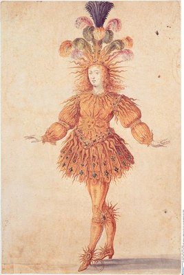 Der junge Ludwig XIV. in der Rolle des Apollo im "Ballet royal de la nuit" von Jean-Baptiste Lully (1653), Zeichnung, [nach 1653], unbekannter Künstler; Bildquelle: © Bildagentur für Kunst, Kultur und Geschichte (bpk) | RMN | Bulloz; Bildnummer 00051148, Standort des Originals: Paris, Bibliothèque Nationale de France.