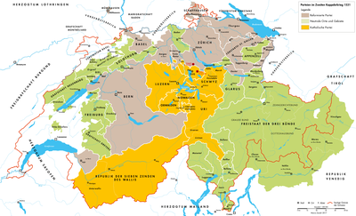 Karte der Eidgenossenschaft zur Zeit des Zweiten Kappelerkrieges 1531 