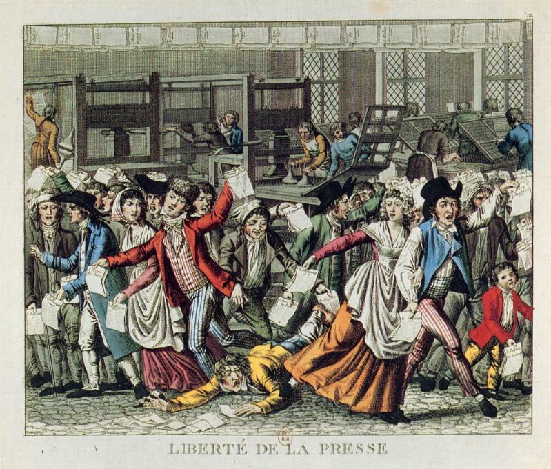 "Freiheit der Presse", kolorierte Radierung, 28,5 x 33,9 cm, Frankreich, 1796, unbekannter Künstler; Bildquelle: Prometheus – Das verteilte Bildarchiv für Forschung und Lehre, Lexikon der Revolutions-Ikonographie, Justus-Liebig-Universität Gießen, Historisches Institut, http://prometheus.uni-koeln.de/pandora/image/show/Image-giessen_lri-8d8ebea7b076c177ecd21e2d0d7e52fa74c48f3c (kostenpflichtiger Zugang).