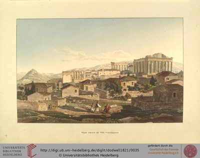 Edward Dodwell (1767–1832), West Front of the Parthenon, 1821; Bildquelle: Views in Greece, London 1821, vol. 1, S. 321, Digitalisat: Universitätsbibliothek Heidelberg, ttp://digi.ub.uni-heidelberg.de/diglit/dodwell1821/0035.Attribution-NonCommercial-ShareAlike 3.0 Unported licensehttp://creativecommons.org/licenses/by-nc-sa/3.0/