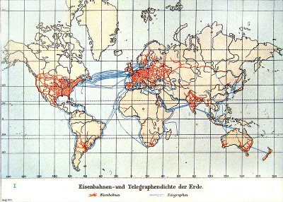 Kartographische Darstellung der Eisenbahnen- und Telegraphendicht der Erde; Bildquelle: Andree, Richard / Scobel, Albert (Hg.): Allgemeiner Handatlas in 126 Haupt- und 139 Nebenkarten nebst vollständigem alphabetischem Namensverzeichnis, 4. Aufl., Bielefeld 1901, S. 17 (Kolonial- und Weltverkehrskarte), http://commons.wikimedia.org/wiki/File:Eisenbahnen-_und_Telegraphendichte_der_Erde_um_1900.jpg?uselang=de. 