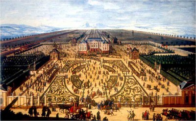 Gesamtansicht von Palais und Großem Garten während der Bauernwirtschaft am 25. Juni 1709 IMG
