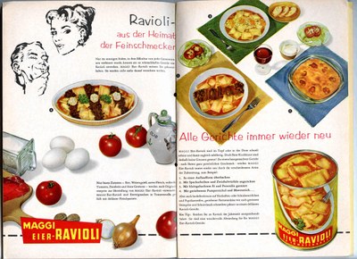 Werbeanzeige der Firma Maggi für Dosenravioli im Lesezirkel, Deutschland 1957; Bildquelle: Mit freundlicher Genehmigung der Maggi GmbH; © Maggi GmbH. 