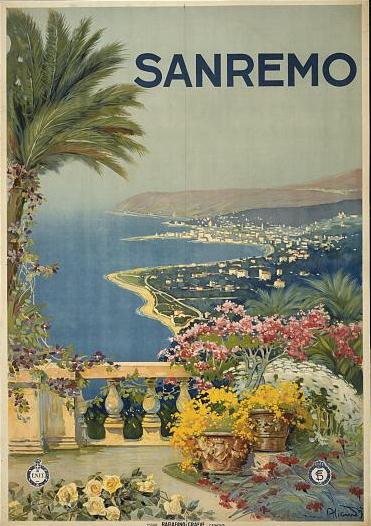 Werbeplakat für den Kurort San Remo an der italienischen Reviera, Ente Nazionale per le Industrie Turistiche, farbige Lithographie, 100 x 70 cm, o. J. [ca. 1920], unbekannter Künstler, Genoa: Barabino e Graeve; Bildquelle: Library of Congress, http://hdl.loc.gov/loc.pnp/cph.3g12501. 