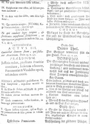 S. 3 der Perioche des Stückes "Avaritia semper egens in Achabo Rege a Deo rigorosa castigata", aufgeführt am Kölner Gymnasium Montanum im September 1710; Bildquelle: Rara-Abteilung der Mainzer Stadtbibliothek, Signatur XIV I:4° /168 a, Nr. 5