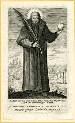 Portrait von Edmund Campion (1540–1581), Stich, 126x72 mm, 17. Jahrhundert, unbekannter Künstler; Bildquelle: © Trustees of the British Museum, http://www.britishmuseum.org/join_in/using_digital_images/using_digital_images.aspx?asset_id=518036&objectId=3108003&partId=1.