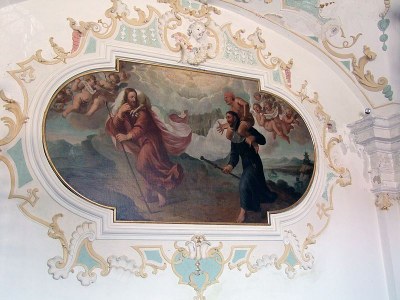 Franz Xaver folgt dem Guten Hirten, Wandbild in Öl, Mariä-Himmelfahrts-Kirche in Mindelheim, unbekannter Künstler, Photograph: Thomas Mirtsch; Bildquelle: Wikimedia Commons, http://commons.wikimedia.org/wiki/File:Jesuitenkirche_Mindelheim_-_Franz-Xaver-Kapelle_n%C3%B6rdliches_Wandgem%C3%A4lde1.jpg.Creative Commons Attribution-Share Alike 3.0 Unported.