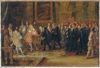 Adam Frans van der Meulen (1632–1690), Zusammenkunft der Botschafter der 13 Schweizer Kantone mit Ludwig XIV im Louvre am 11. November 1663; Öl auf Leinwand, 44 x 66 cm, 1664; Bildquelle: © Bildagentur für Kunst, Kultur und Geschichte (bpk) | RMN | Gérard Blot, Bildnummer 00050607, Standort des Originals: Châteaux de Versailles et de Trianon, Versailles.