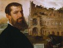 Maarten van Heemskerck (1498– 1574), Selbstporträt mit Colosseum, Rom, 1553 IMG