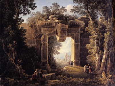 Landschaft mit dem Portal der Cella des Bacchustempels in Baalbek IMG
