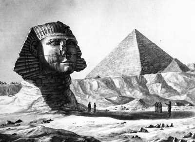 Pyramides de Memphis, Vue du Sphinx et de la grande pyramide, prise du sud-est IMG