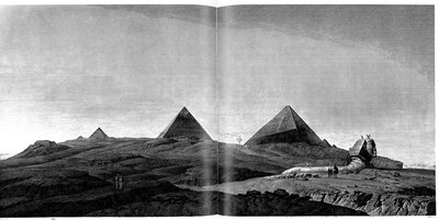 Pyramides de Memphis, Vue générale des pyramides et du sphinx prise au soleil couchant, in: Description de l’Égypte, Antiquités, vol. V, Taf. 8 (Description de l’Égypte, Köln u.a. 2007, S. 469, Detail)