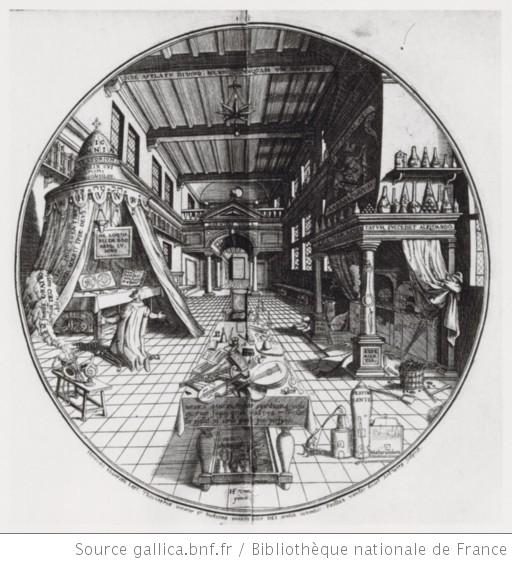 Paul van den Doort,  Das Laboratorium des Alchemisten, Kupferstich, 1609; Bildquelle: gallica.fr, http://gallica.bnf.fr/ark:/12148/btv1b84185150.item.r=Amphitheatrum+sapientiae+aeternae.f1.langEN