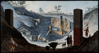 Ausgrabung des Isis-Tempels in Pompeji, Gouacheradierung, 21,5 x 39,2 cm, 1776, Künstler: Pietro Fabris, Bildquelle: Wellcome Collection, https://wellcomecollection.org/works/aysfvagv, Creative Commons Attribution (CC BY 4.0). 