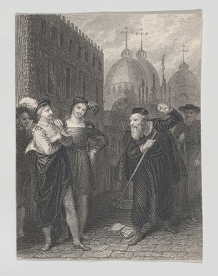 Salanio, Salerio und Shylock (Shakespeare, Merchant of Venice, 3. Akt, 1. Szene), Radierung und Gravierung, 8,8 × 6,5 cm, 1825–1840, Künstler: John Massey Wright (1777–1866), Bildquelle: Metropolitan Museum of Art, https://www.metmuseum.org/art/collection/search/739712?&searchField=All&sortBy=Relevance&ft=merchant+of+venice+shakespeare&offset=0&rpp=20&amp;pos=3, lizensiert unter Creative Common Lizenz CC0 1.0 Universal (CC0 1.0). https://creativecommons.org/publicdomain/zero/1.0/