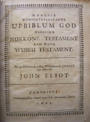 Titelseite der Bibelübersetzung von John Eliot 1663 IMG