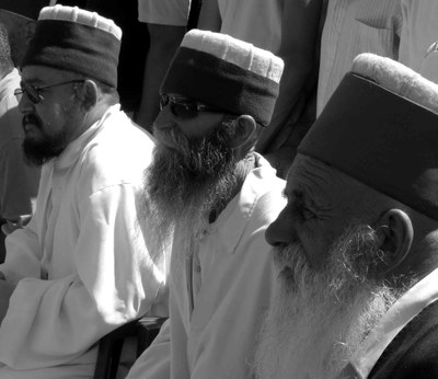 Three religious leaders of the Bektashiyye Brotherhood, black-and-white photograph, August 2006, photographer: Nathalie Clayer; source: in private ownership. 