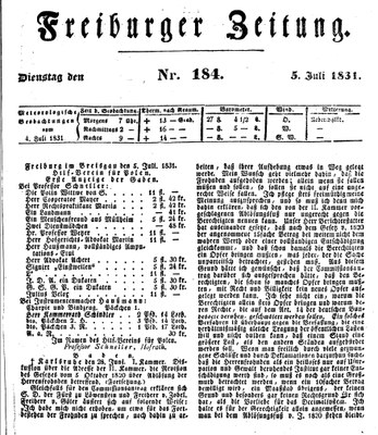 Titelseite "Freiburger Zeitung" Nr. 184 vom 5. Juli 1831 IMG