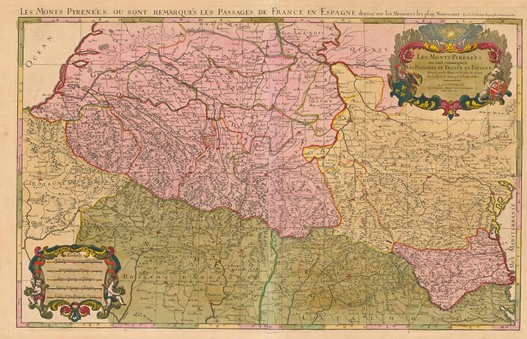 Nicolas Sanson (1600–1667), Les monts Pyrénées, où sont remarqués les passages de France en Espagne, Karte, zwischen 1692 und 1695; Bildquelle: Jaillot, Hubert: Atlas françois, compilation des cartes de Nicolas Sanson, Paris u.a. 1692–1695, Wikimedia Commons, http://commons.wikimedia.org/wiki/File:Carte_des_Pyr%C3%A9n%C3%A9es_au_XVIIeme_si%C3%A8cle.jpg?uselang=de, gemeinfrei