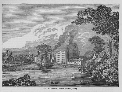 Thomas Lombes Seidenfabrik in Derby, Holzschnitt, vor 1750, unbekannter Künstler; Bildquelle: Charles Knight's Pictorial Gallery of Arts, Vol.1, 1860, S. 97, Courtesy of The New York Public Library, www.nypl.org, http://digitalgallery.nypl.org/nypldigital/id?109621.