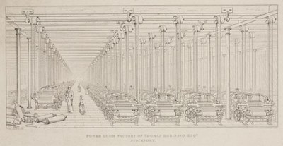 Power Loom Factory of Thomas Robinson Esqr, Stockport, Druckgrafik, 17,5 x 32 cm, 1849–1850, Kupferstich: Joseph Wilson Lowry (1803–1879),  Zeichnung: James Nasmyth (1808–1890); Bildquelle: © Science Museum / Science & Society Picture Library, Image No. 10422728, http://www.scienceandsociety.co.uk/results.asp?image=10422728.