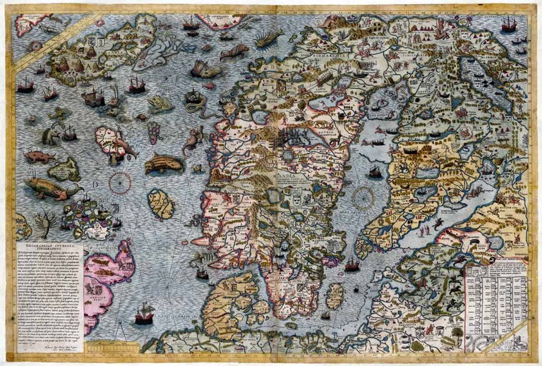 Olaus Magnus (1490–1557), Carta Marina Lafreri, 70 x 97 cm, Rom, 1572; handkoloriertes Exemplar des gegenüber dem Original aus dem Jahre 1539 verkleinerten Druckes von Antonio Lafreri (1512–1577); Bildquelle: Kungliga biblioteket, Stockholm, Reproduktion: Esbjörn Eriksson, Kungliga biblioteket - The National Library of Sweden, http://goran.baarnhielm.net/kartutstallning/bilder/1572_CartaMarina.jpg.